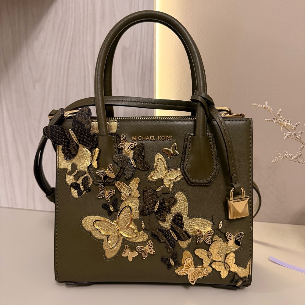 Authentic MK Mercer Medium Butterfly Embellished Leather Accordion Crossbody Bag